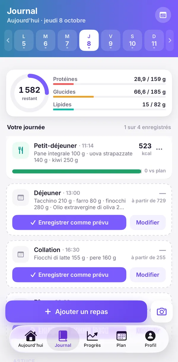 Écran de l'application : le journal des repas