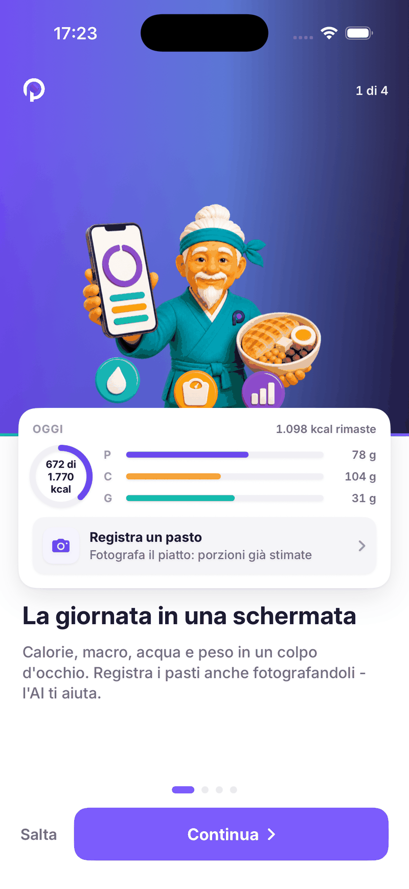 Pappai app, patient nutrition diary: calories, macros, weight, water and steps