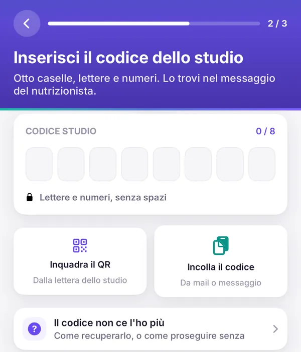 Schermata dell'app per inserire il codice dello studio